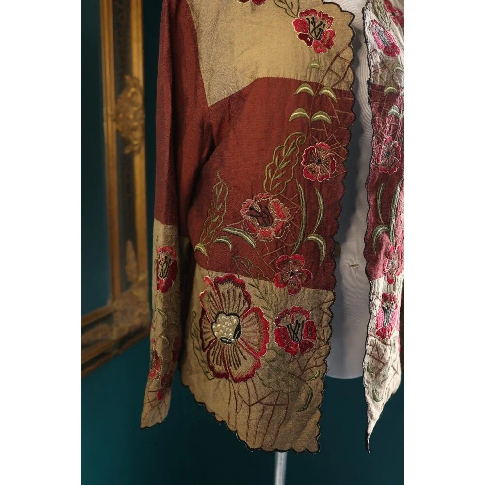 Vintage Liz Baker Metallic Floral Embroidered Lightweight Open Blazer Artsy L